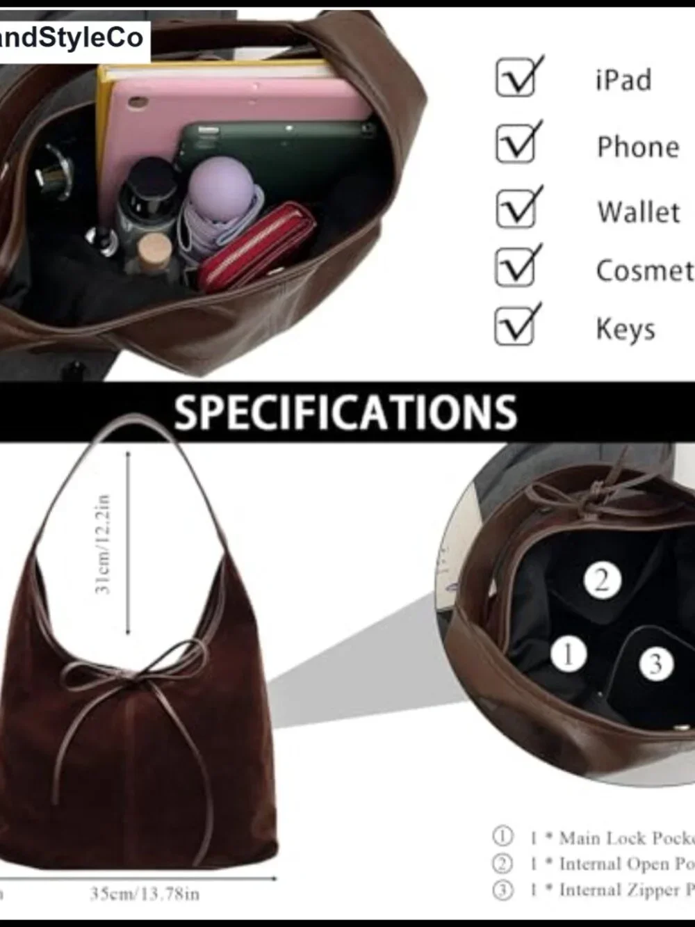 Faux Suede & Faux Leather Women's Slouchy Hobo Tote Bag with Bow Magnetic